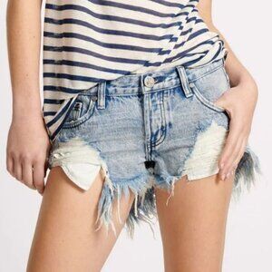 One Teaspoon Designer Light Washed Blue Distressed Denim Shorts
